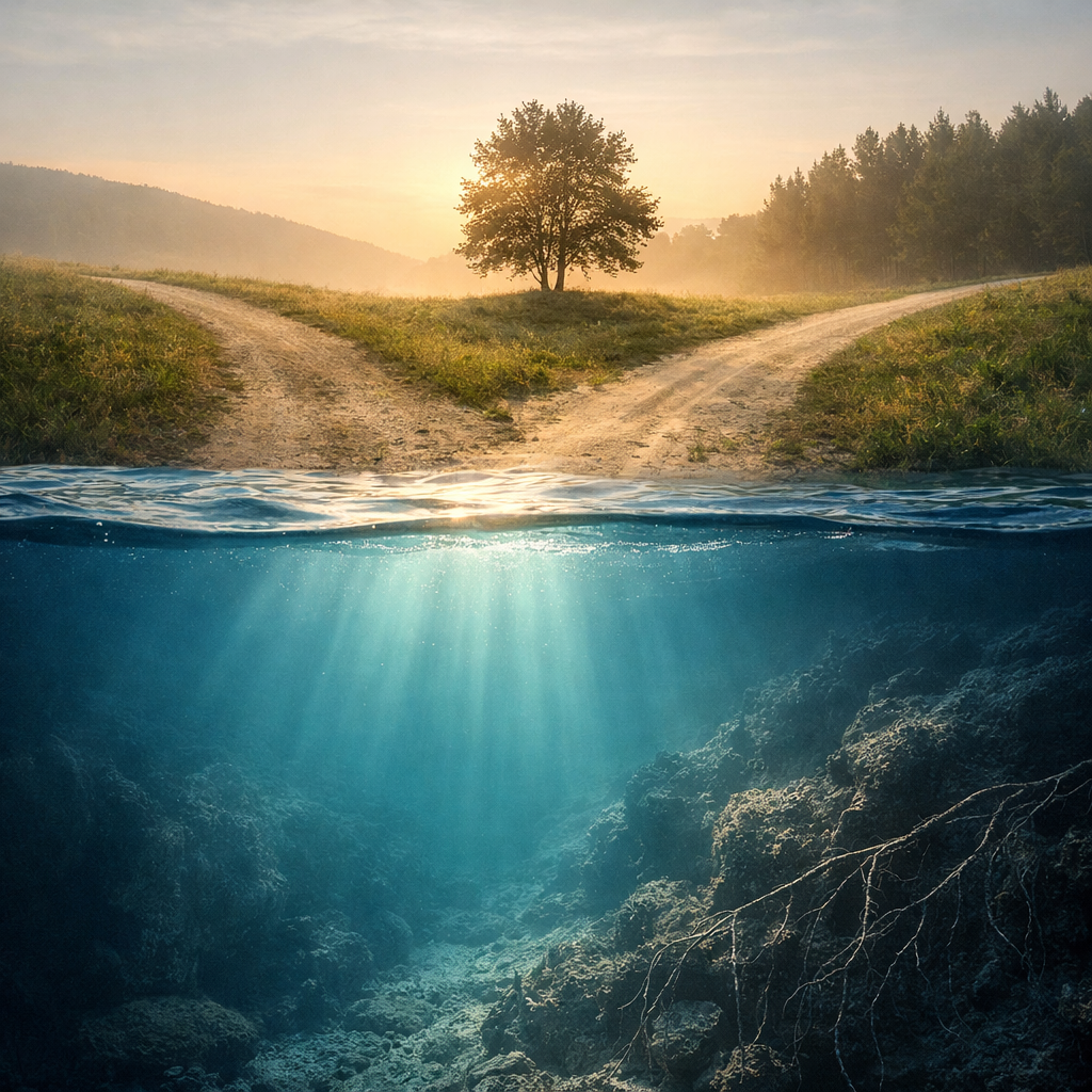 A conceptual landscape showing two paths diverging above ground in soft morning light, with a calm underwater scene beneath the surface revealing depth, rocks, and roots, symbolising surface experiences and deeper understanding.